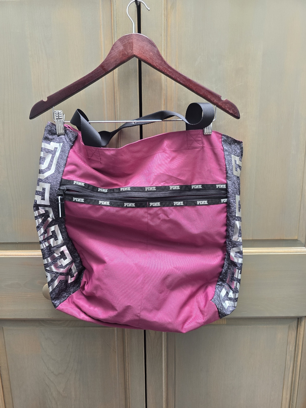 PINK Victoria's Secret Magenta Tote with Gray Patterned Sides